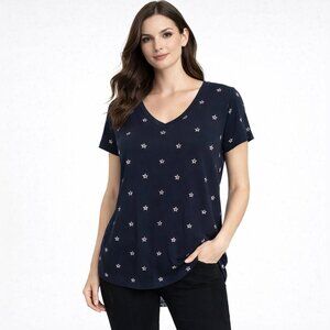 Tommy Hilfiger Women's V-Neck T-Shirt, stars print in a navy blue cotton Large